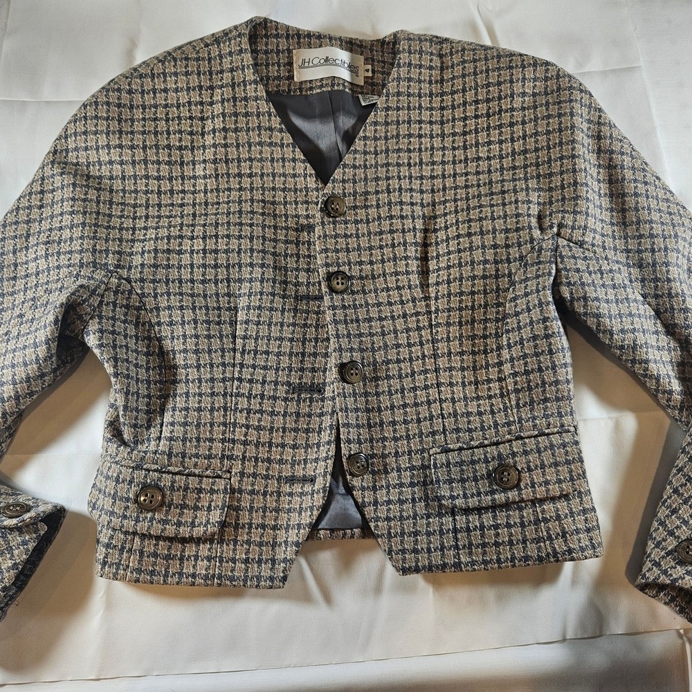 Vintage JH Collectibles Wool Tweed Blazer Jacket in Brown Tan Houndstooth Plaid‎